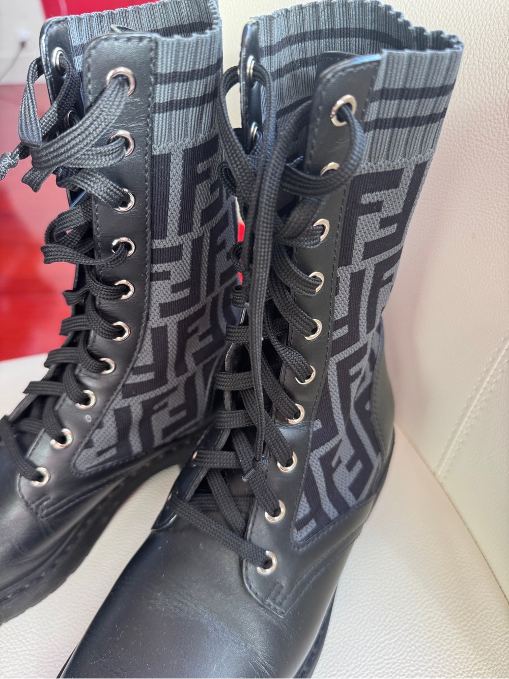 Fendi Black Logo Knit Lace-Up Combat Boots